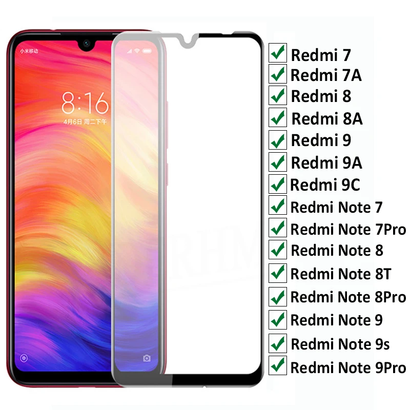 9D Full Protective Glass For Xiaomi Redmi 8 8A 7 7A 9T 9A 9C Tempered Screen Protector For Redmi Note 7 8T 10 9S Pro Glass Film