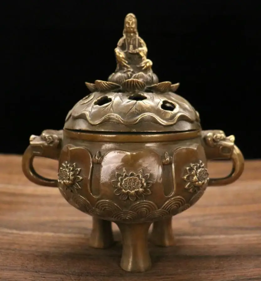 

Archaize brass lotus Guanyin bodhisattva Incense burner home decorations crafts statue