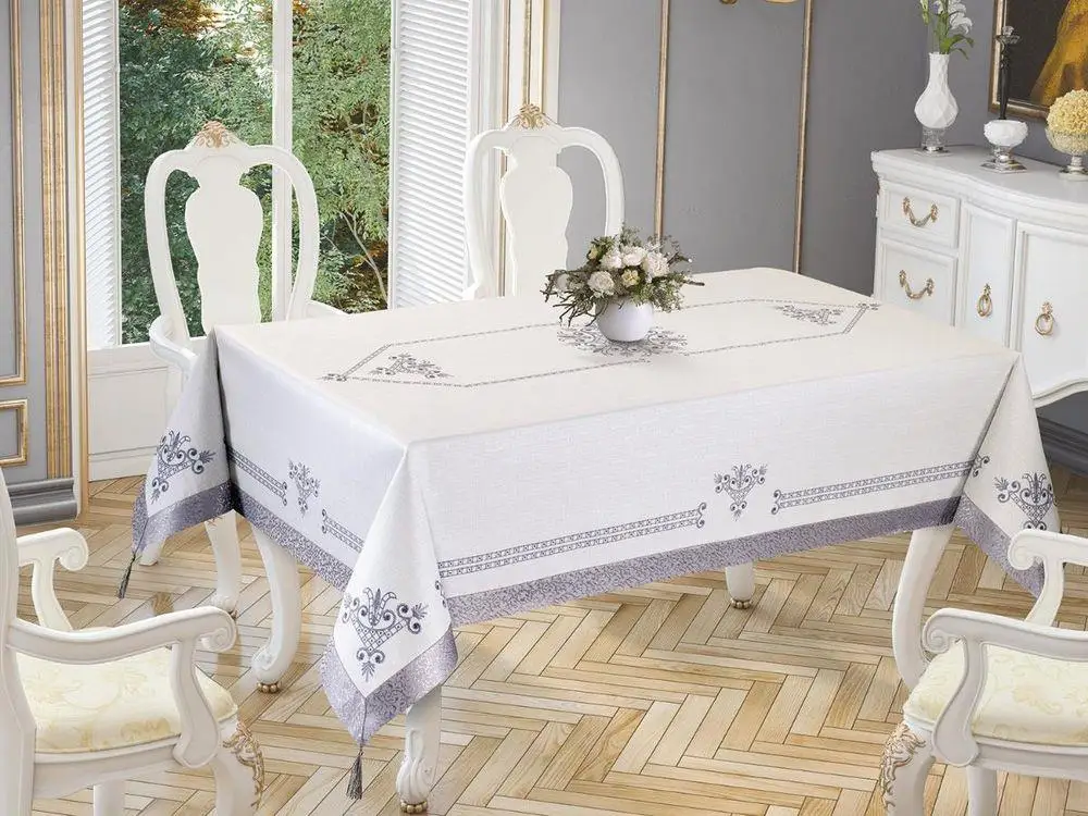 Tulip Printed Rectangular Table Cover Silver 160x300 Cm