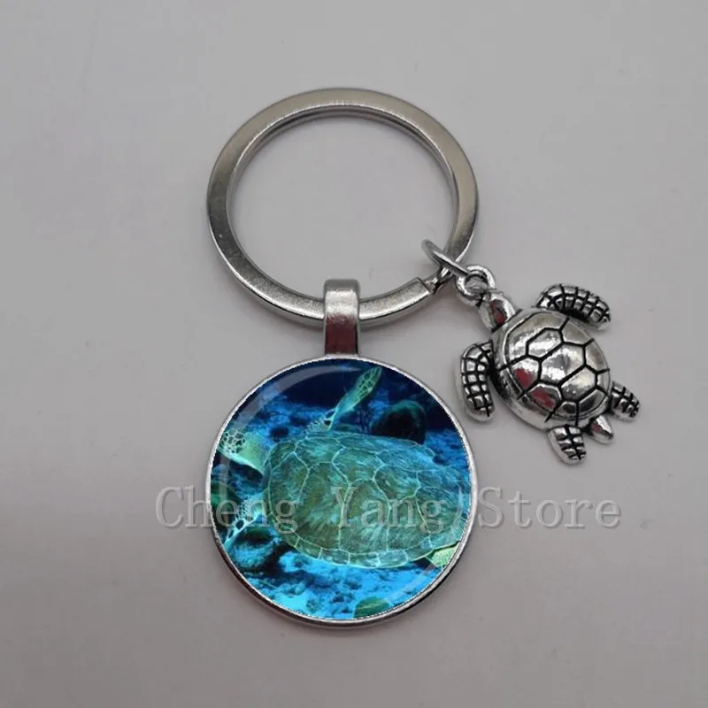 Marine life jewelry turtle dolphin shell keychain key ring glass convex round keychain charm turtle pendant Christmas gift