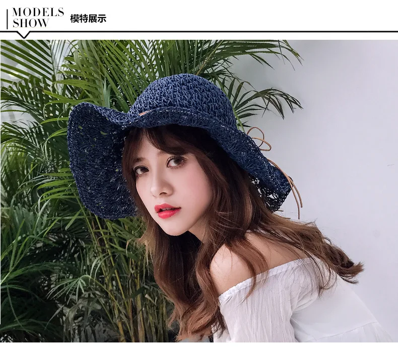 Summer New Women\'s Sun Hat Bucket cap Ribbon Flat top Straw Hats Beach Caps Panama Women Sun Hat Large Brim Straw Outdoor Hat