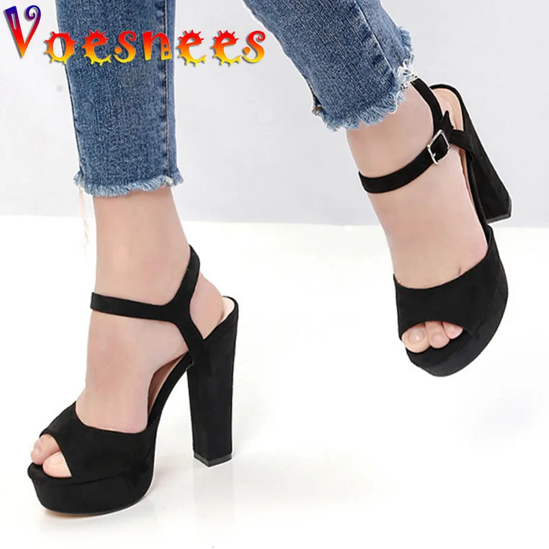 Voesnees Women Sandals 2021 Fashion Waterproof Platform 13CM Thick Heel Shoes Concise Buckle Strap Model Womens Sexy High Heels