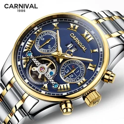 Reloj Mecánico Tourbillon de acero inoxidable para hombre, cronógrafo automático, luminoso, resistente al agua, calendario semanal, Carnaval, 8728