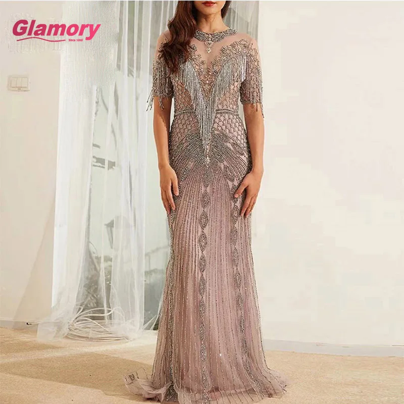 Elegant Scoop Neck Short Sleeves Beading Party Dresses Crystal Printed Mermaid Night Dress For Woman