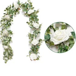 Artificial Eucalyptus Garland with White Rose Peony Vine Eucalyptus Strands for Wedding Birthday Party Home Garden Decoration