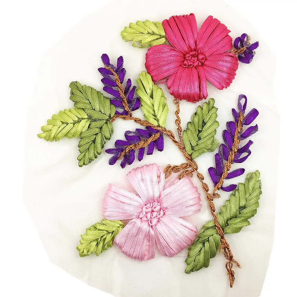 6pc Ribbon Flower Embroidery Patch Embroidered Applique Patches For Clothing Parches Sewing Accessories Sew On 15x10cm AC1145