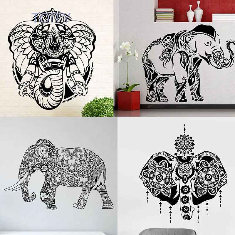 

Indian Elephant Vinyl Decal Mandala Patterns Wall Sticker Asian Home Interior Ethnic Ornament India Culture