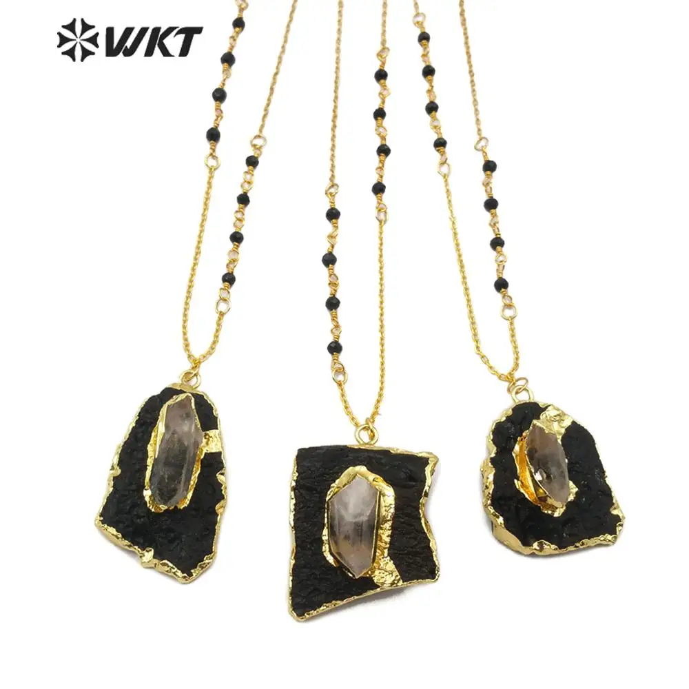 

WT-N1166 WKT Gold Bezel Natural Black Tourmaline With Crystal Decoration Pendant Fashion Necklace Jewelry 18 Inch+2 Inch Extend