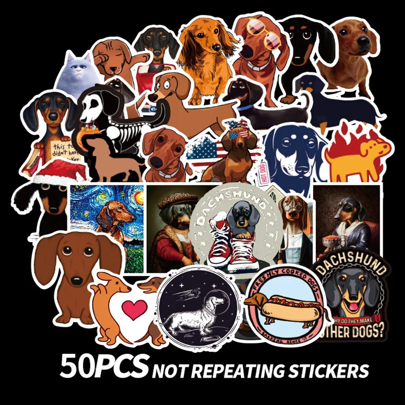 50 PCS Dachshund Dog Sticker Waterproof For on Skateboard Hydro Fask Laptop Suitcase Cute Animal Cartoon Stickers