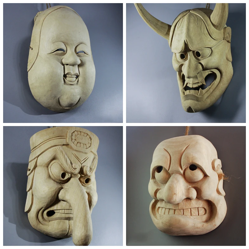 Japanese Wooden Noh Masks, Hand-Carved Tengu, Samurai, and Oni Traditional Crafts for Home Decor