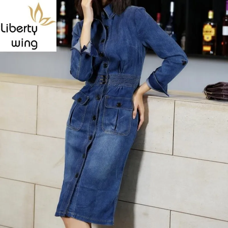 

New Women Slim Fit Denim Autumn Mid Stretchy Bodycon Single Breasted Office Ladies Long Sleeve Wrap Jeans Dress