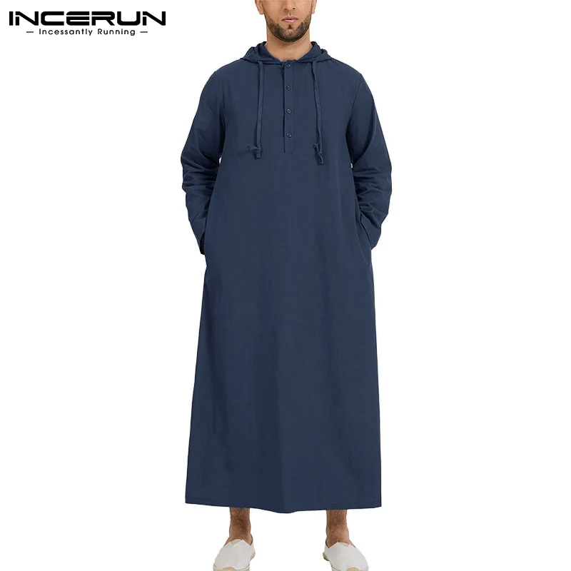 INCERUN 2023 Men Islamic Arab Muslim Kaftan Thobe Long Sleeve Hooded Robes Saudi Arabia Dubai Jubba Thobe Men Muslim Clothes 5XL