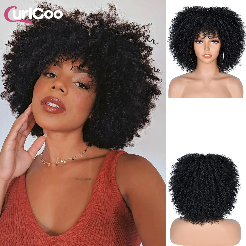 Short Hair Afro Kinky Curly Wigs With Bangs For Black Women African Synthetic Ombre Cosplay Natural Blonde Purple Wig