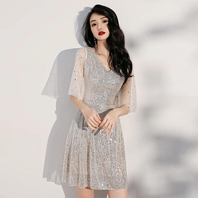 Elegant silver Prom Dresses 2020 Sexy Prom Dress Short V Neck sequin short sleeve Knee-Length Graduation Party Gowns