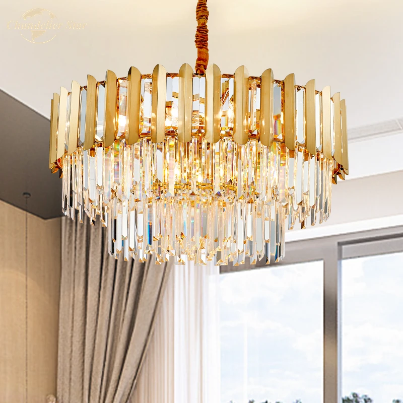 Luxury LED Chandeliers Lighting Crystal Postmodern Round Rectangle Prism Gold Indoor Lamp for Living Room Bedroom Dining Room