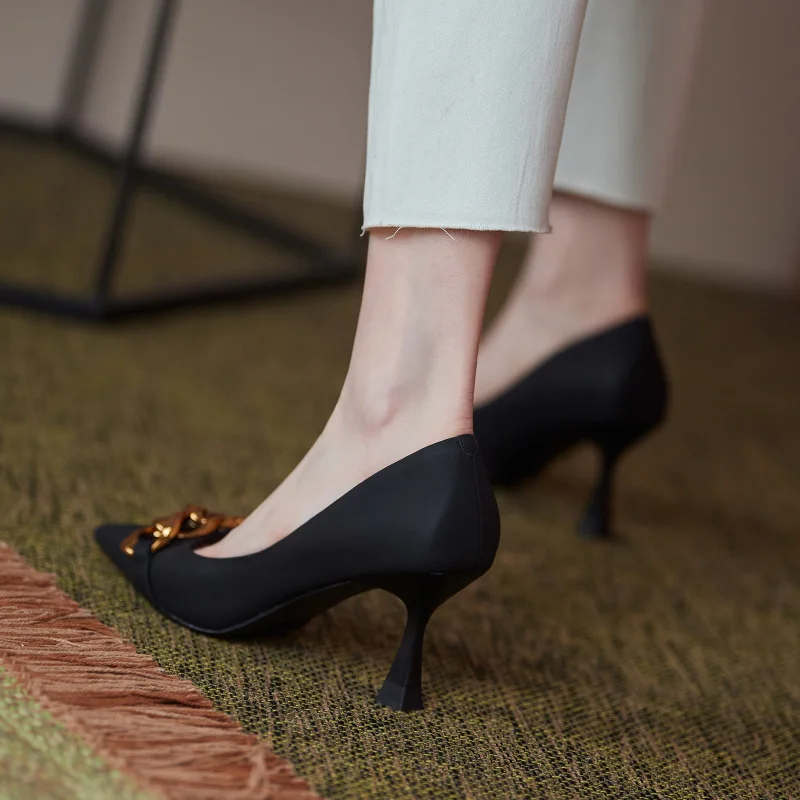 Pointed Toe Women Pumps Metal Chain Shallow Design Thin High Heels Pumps Yellow Shoes Office Pumps Work Shoes Woman Size 34-39