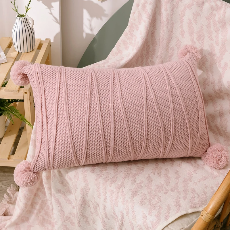 Pompoms Cushion Cover Rectangle Pink Blue Orange Pillow Case 35*55cm Soft Knit Home decoration Pillow Cover for Living room Sofa