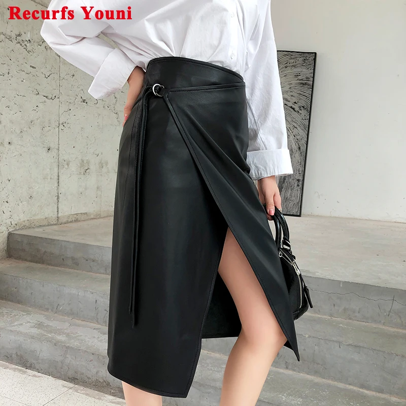 Women Genuine Leather skirt Female Personality Asymmetric Simple Whole Skin Lace-up Long Saia Mujer Black Wrap Jupe Streetwear