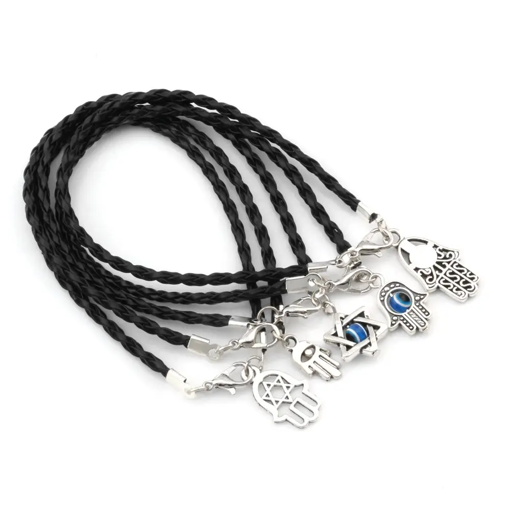 100Pcs Mixed Kabbalah Hamsa Hand Charms Black Leatheroid Braided String Bracelets K01139