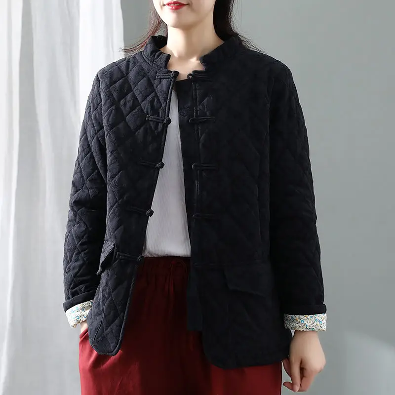 Cotton Linen Blouse Clothing Winter Vintage Loose Warm Plaid Cotton Coat Women\'s Chinese Buckle Thick Jacket Casual Tops f236