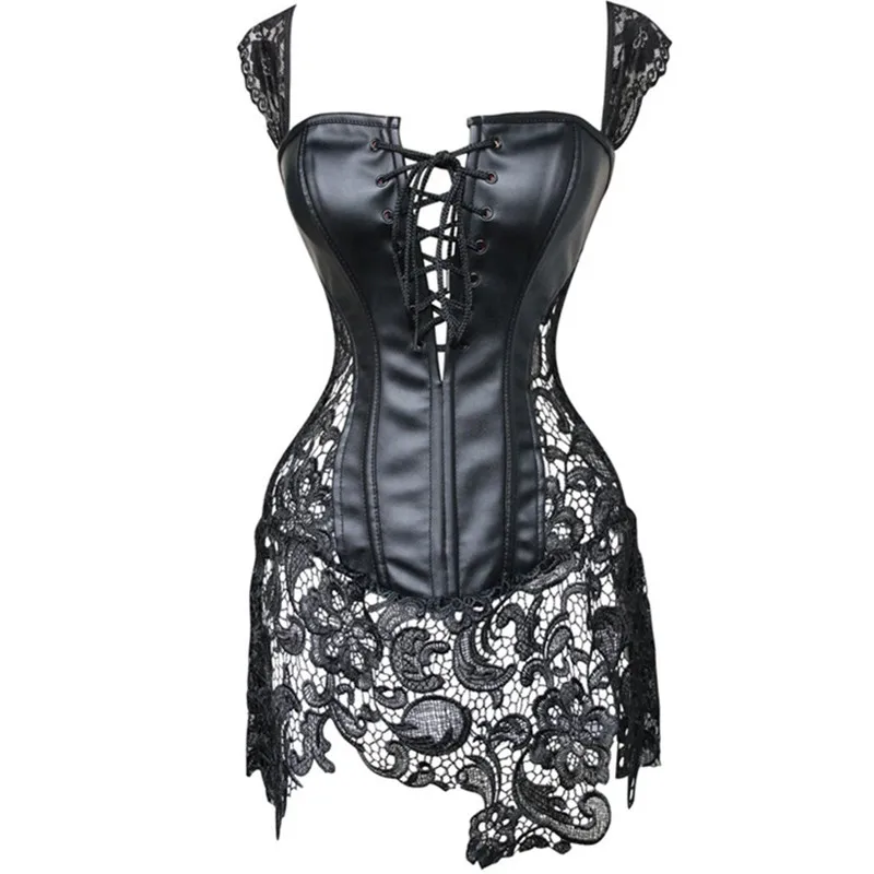 Sexy Burlesque Lingerie Gothic Faux Leather Steampunk Corset Plus Size Black Lace Bustier Overbust Corsage Korsett Corsets Top