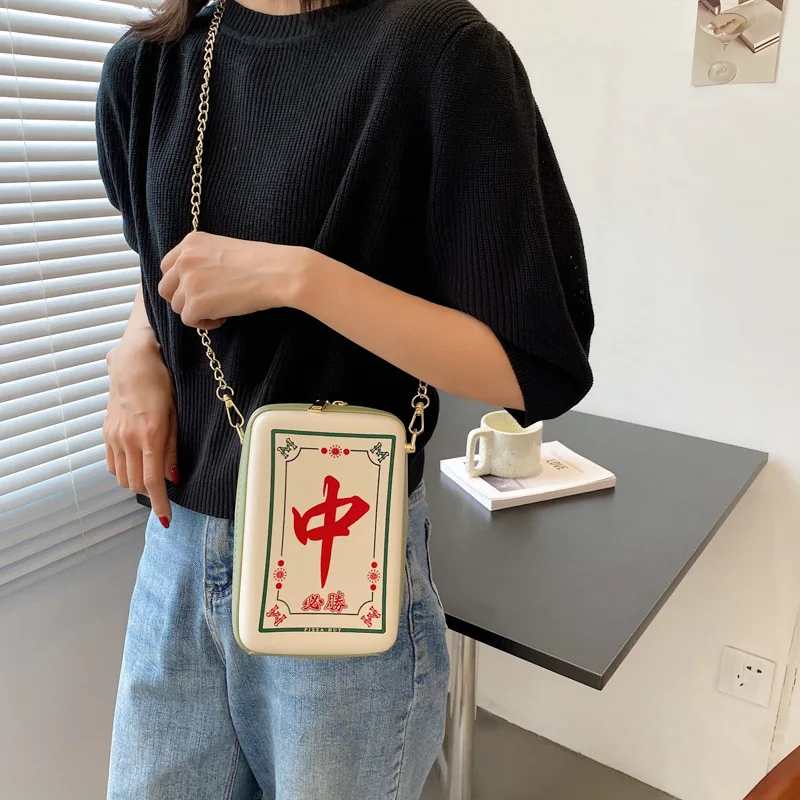 Chinese Mahjong Crossbody Bag para Mulheres, Criativo, Interessante, Impressão, Moda, Corrente, Ombro, Couro PU, Mensageiro, Novo