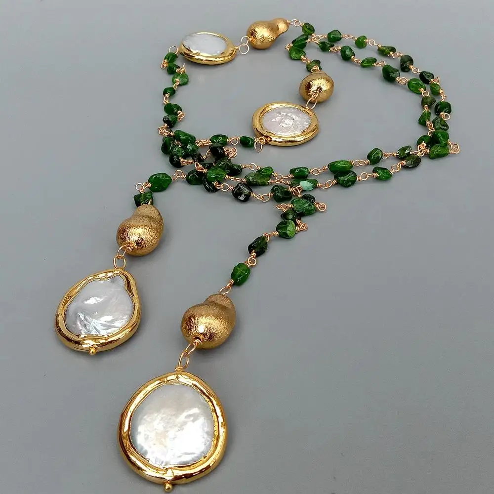 Y.YING naturalna zieleń Diopside hodowane białe monety perła długi naszyjnik łańcuch sweter 41"