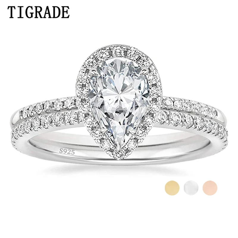 TIGRADE 925 Sterling Silver Wedding Band Teardrop Bridal Rings Sets Halo Cubic Zirconia Solitaire Engagement Ring For Women Size