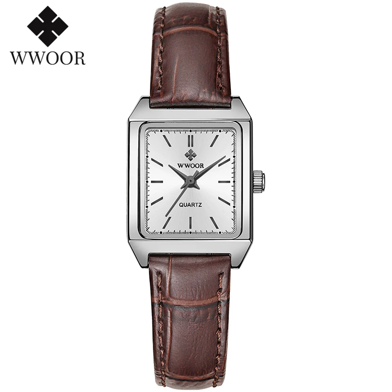 WWOOR Ladies Watches 2024 Fashion Square Bracelet Watch Small Clock Brown Leather Quartz Dress Wrist Watch For Women Reloj Mujer