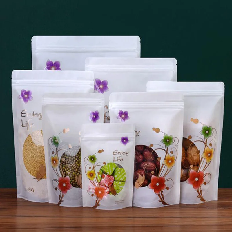 1000pcs/lot 7 Size Flower White Stand Window Packaging Bag Food packaging bag Plastic self sealing bag wholesale