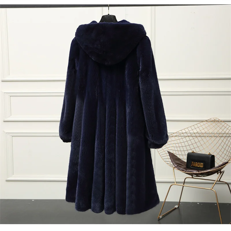 

New Navy Blue Long Jacket Women Artificia Mink Fur Velvet Hooded Super Warm Windproof Casual Outdoor Women' Coat Female Mantua