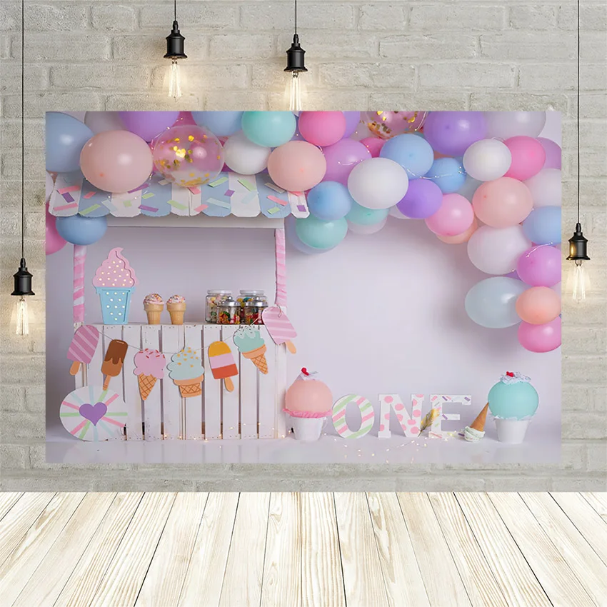 

Mehofond Summer Photograph Background Girl 1st Birthday Party Sweet Pink Balloon Ice Cream Stand Photocall Backdrop Photo Studio