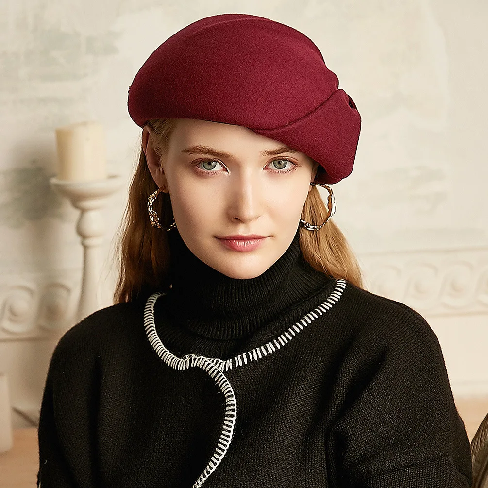 X4033  Stewardess Hat Female Wool Felt Hat Adult Woolen Beret Caps Retro British Fascinators Adult Basin Caps