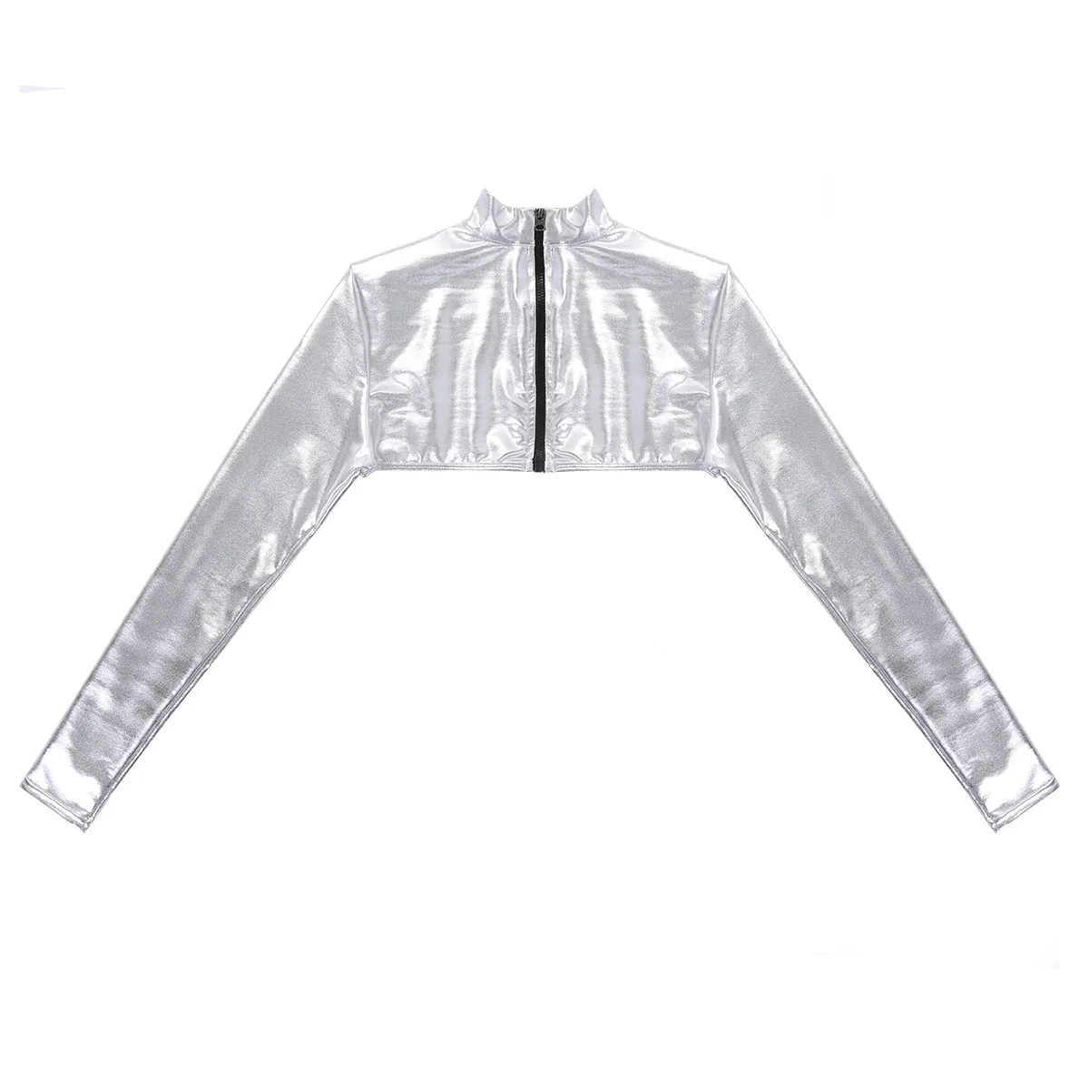 Women Zipper Form Fitting Shrugs Shirts Blouses Crop Top Female Shiny Metallic Long Sleeves Shawl Cover Up Apparel Accessories