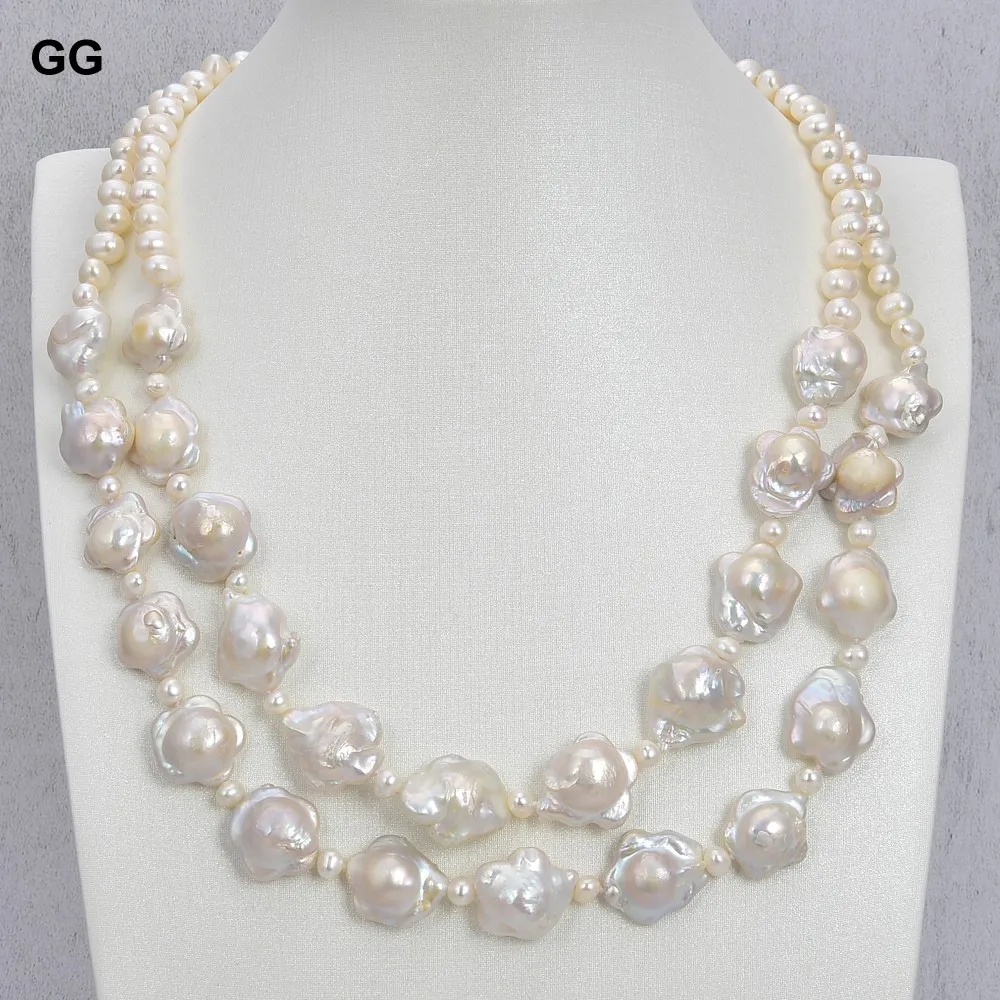 

GuaiGuai Jewelry 19" 2 Rows Cultured White Flower Keshi Pearl Necklace Classic For Women