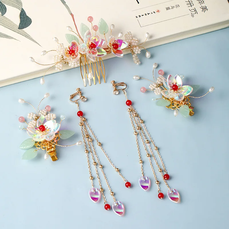 Handmade Crystal Pearls Flower Hair Combs Traditional Chinese Hairpins Clips Headbands for Women Bride Wedding Hair Jewelry