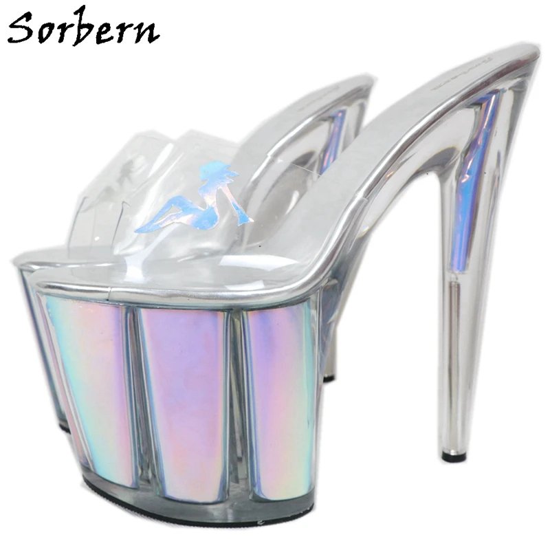 Sorbern Hot Holographic Slip On Sandal Sliders Cross Dresser Cosplay 20cm Extreme High Heel Spike Heel Fetish Platform Shoe