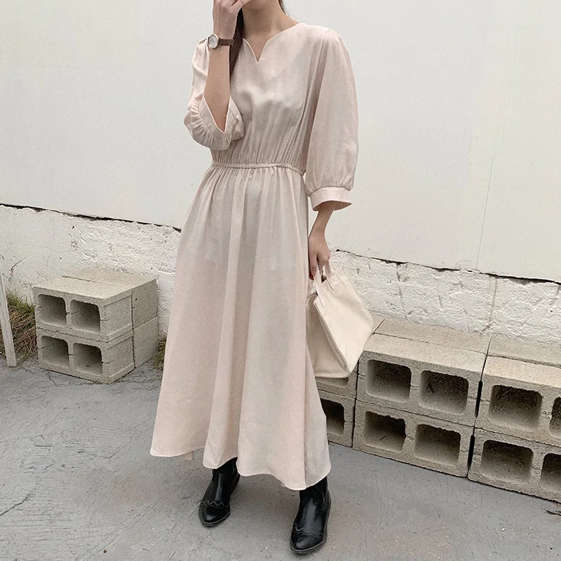 Solid Temperament Women Spring Summer Dress Cotton V-Neck High Waist Lantern Sleeve Dress Casual casualLong Dresses Vestido 140