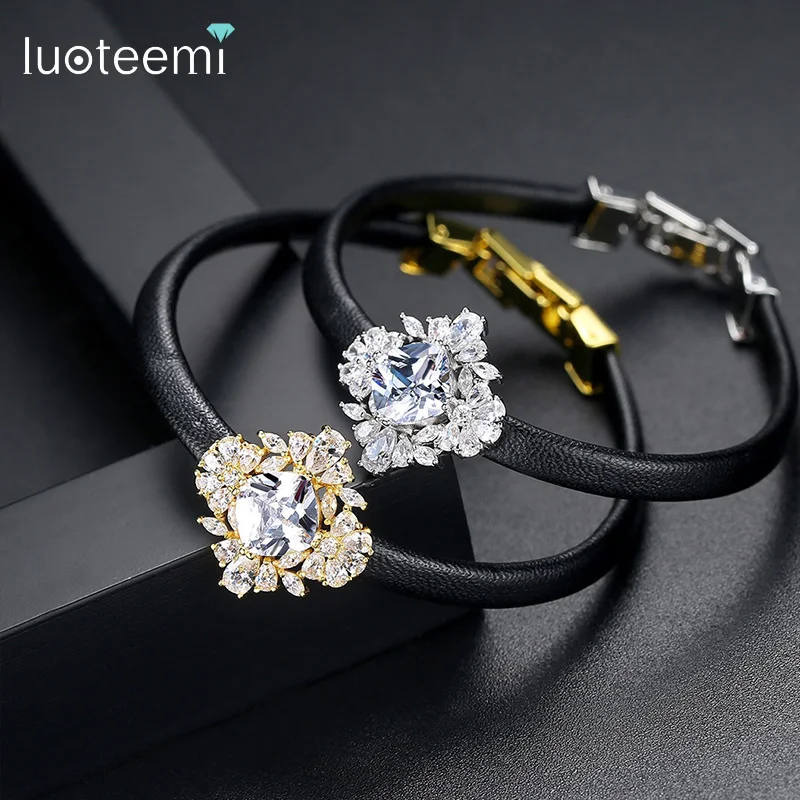 LUOTEEMI Trending Black PU Leather Bracelets for Women Clear Cubic Zirconia Handmade Top Quality Accessories Student Gifts