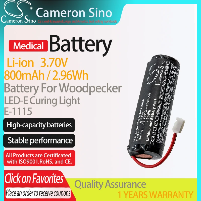 CameronSino Battery for Woodpecker LED-E Curing Light fits E-1115 Medical Replacement battery 800mAh/2.96Wh 3.70V Li-ion Black