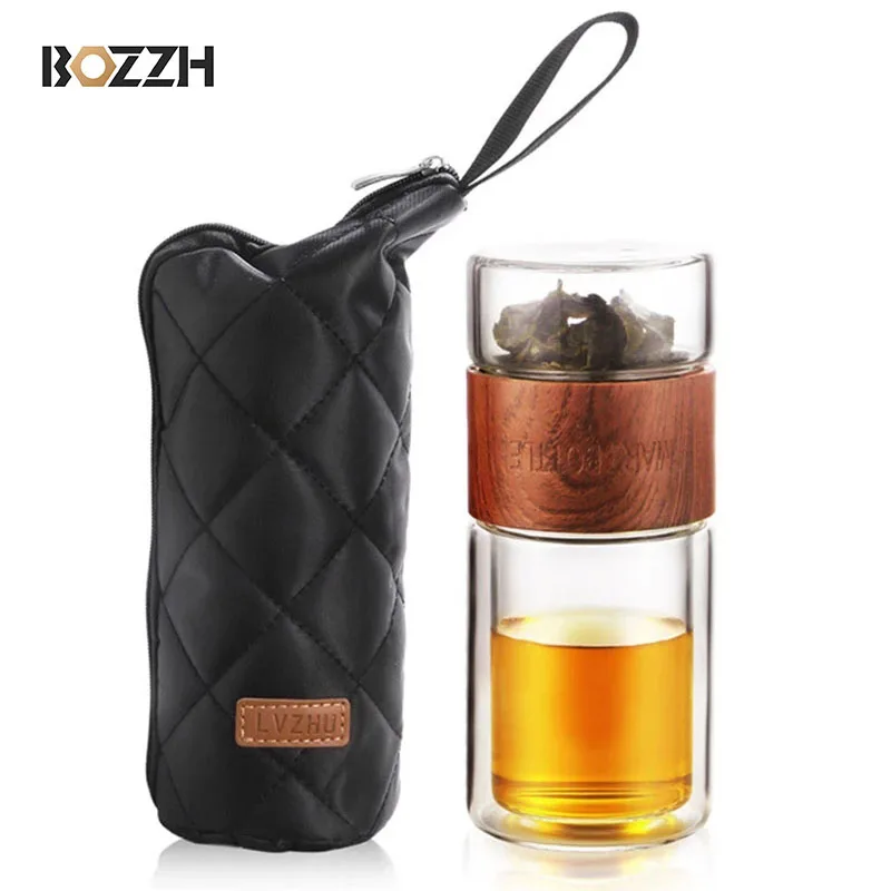 BOZZH Glass Tea Bottle Portable Double Wall Kung Fu Tea With Case Tea Drink Bottle Infuser Tumbler Drinkware Creative Gift