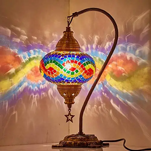 

(33 Colors) LaModaHome English Moroccan Mosaic Table Lamp with US Plug & Socket, swan Neck Handmade Desk Bedside Table Night Lam