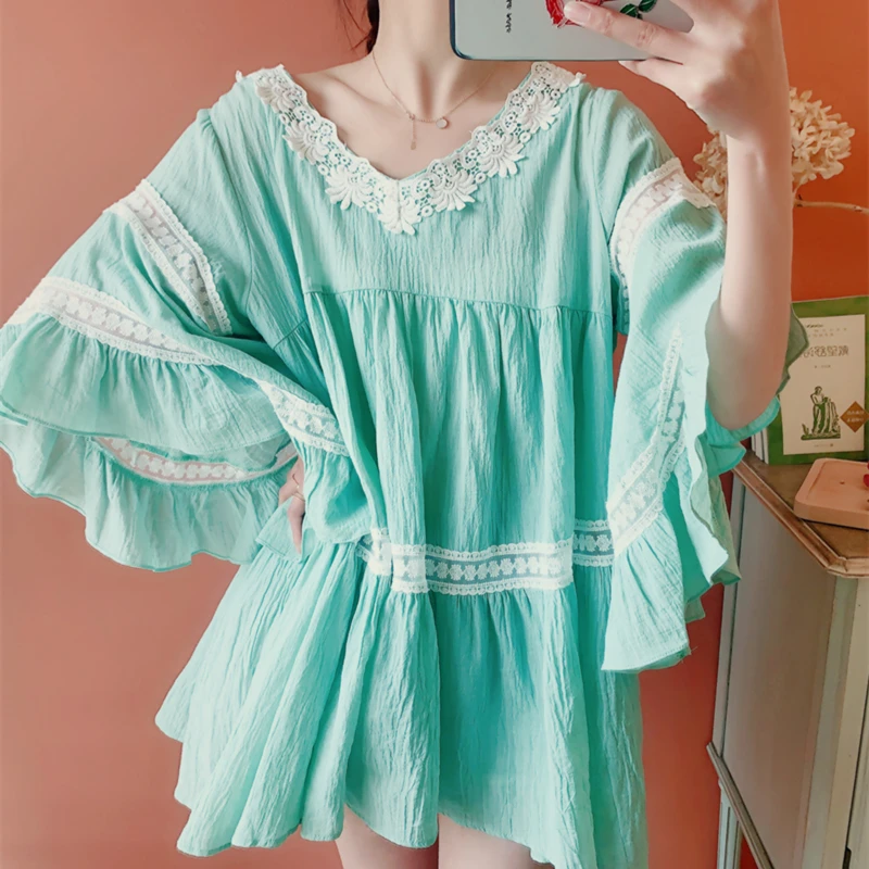 Blusa holgada informal de algodón y lino para verano y primavera, camisa holgada de gran tamaño con encaje, color verde, estilo coreano