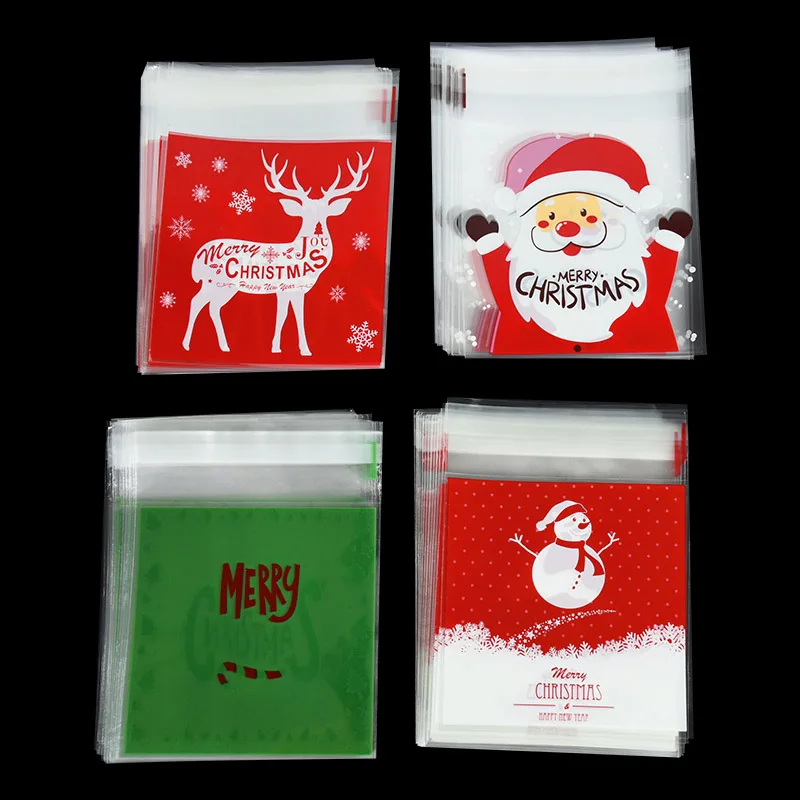 

100pcs 10x10cm Christmas Candy Bags Cartoon Deer Santa Snowman Plastic Gift Bags for Home Xmas Party Supplies Cookie Sweet Bag