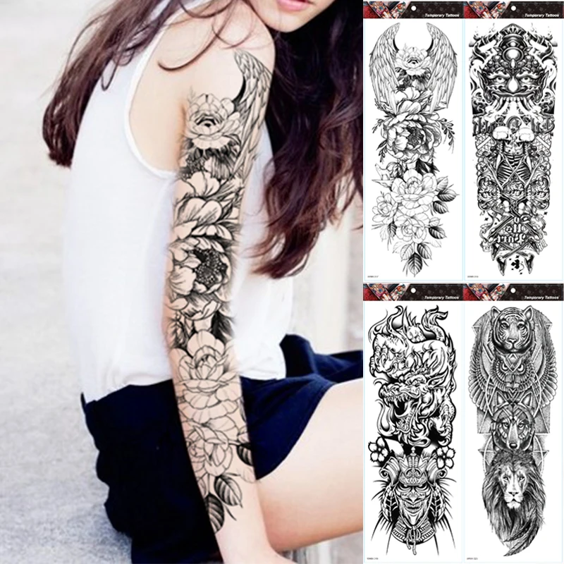 

Large Arm Sleeve Tattoo Wing Flower Waterproof Temporary Tattoo Sticker Roses Men Full Skull Totem Tattoo