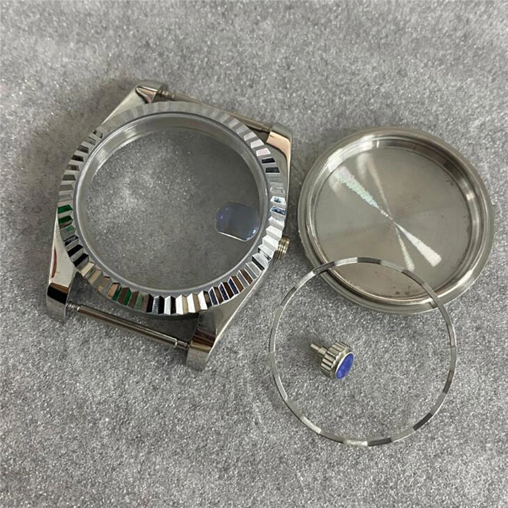 36MM Steel Watch Case Fluted Bezel Crown/End Pin Sapphire Glass Cyclops Cover for NH35 NH36 /4R Movement Full Set Shell