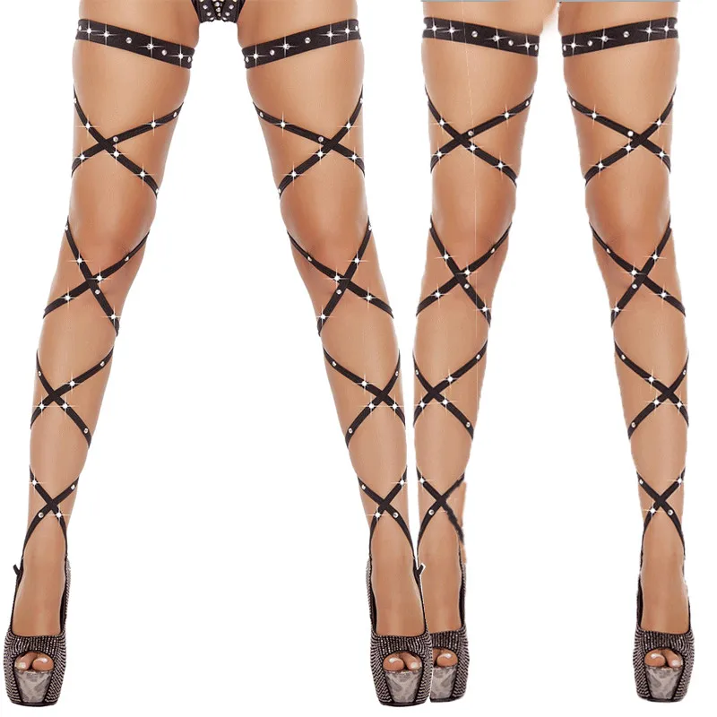 Sexy Women Lingerie Bandage Fishnet Stockings Thigh-High Crystal Studded Thigh High Leg Rave Wraps Strappy Rhinestone Tights