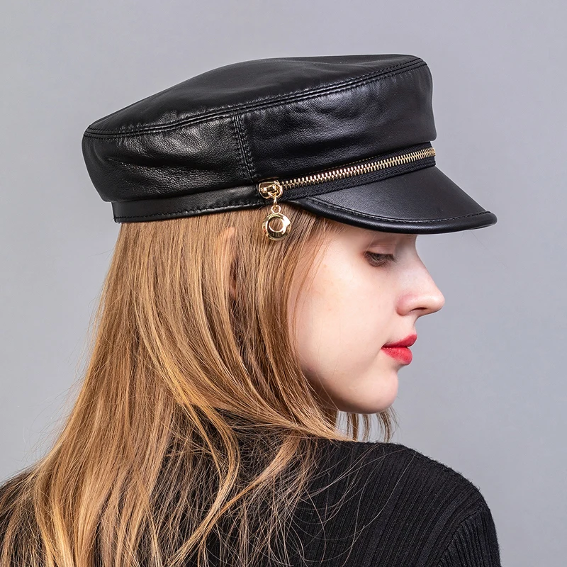 100% Leather Baseball Caps Female Korean British Winter Unisex Flat Navy Caps Women Men Golden Zipper Pearl Casual Hip Pop Hat