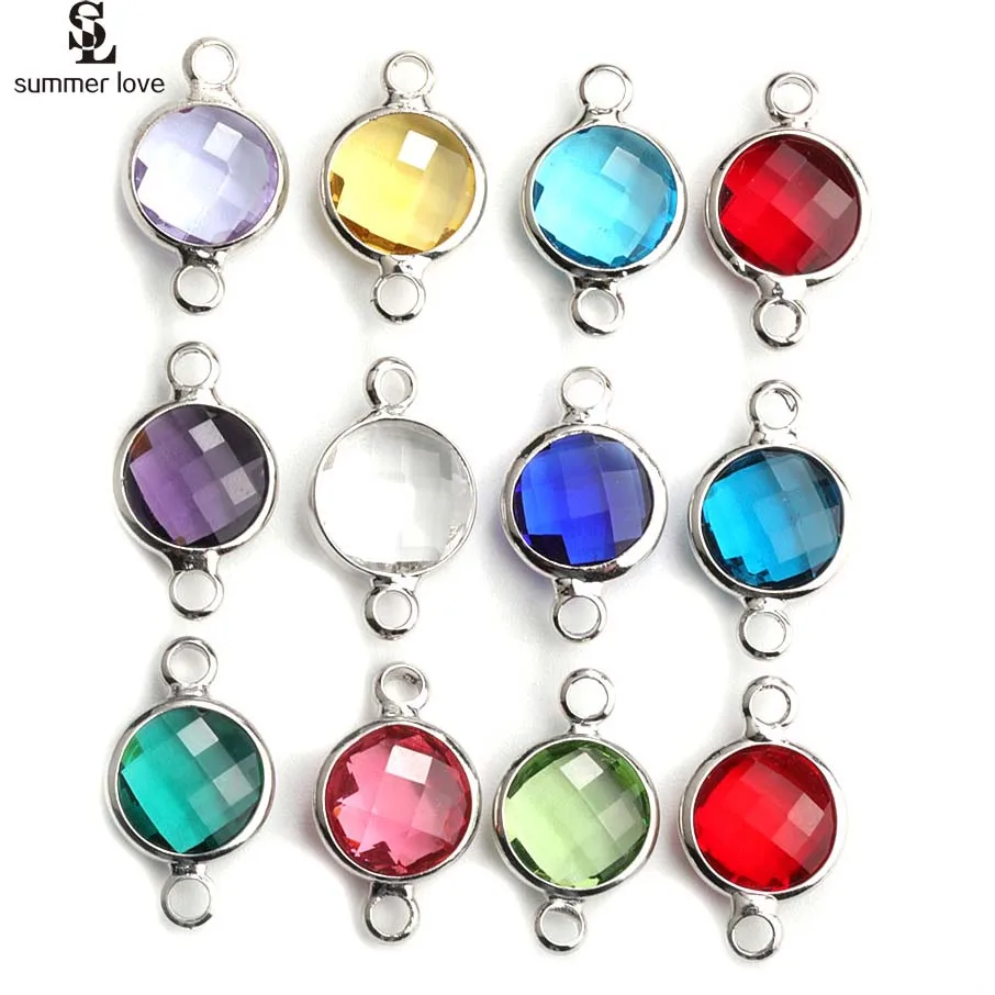10pcs Wholesale 8mm Silver Color Crystal Birthstone Connector Charms for Diy Earring Bracelet Making Small Bead Jewelry Findings