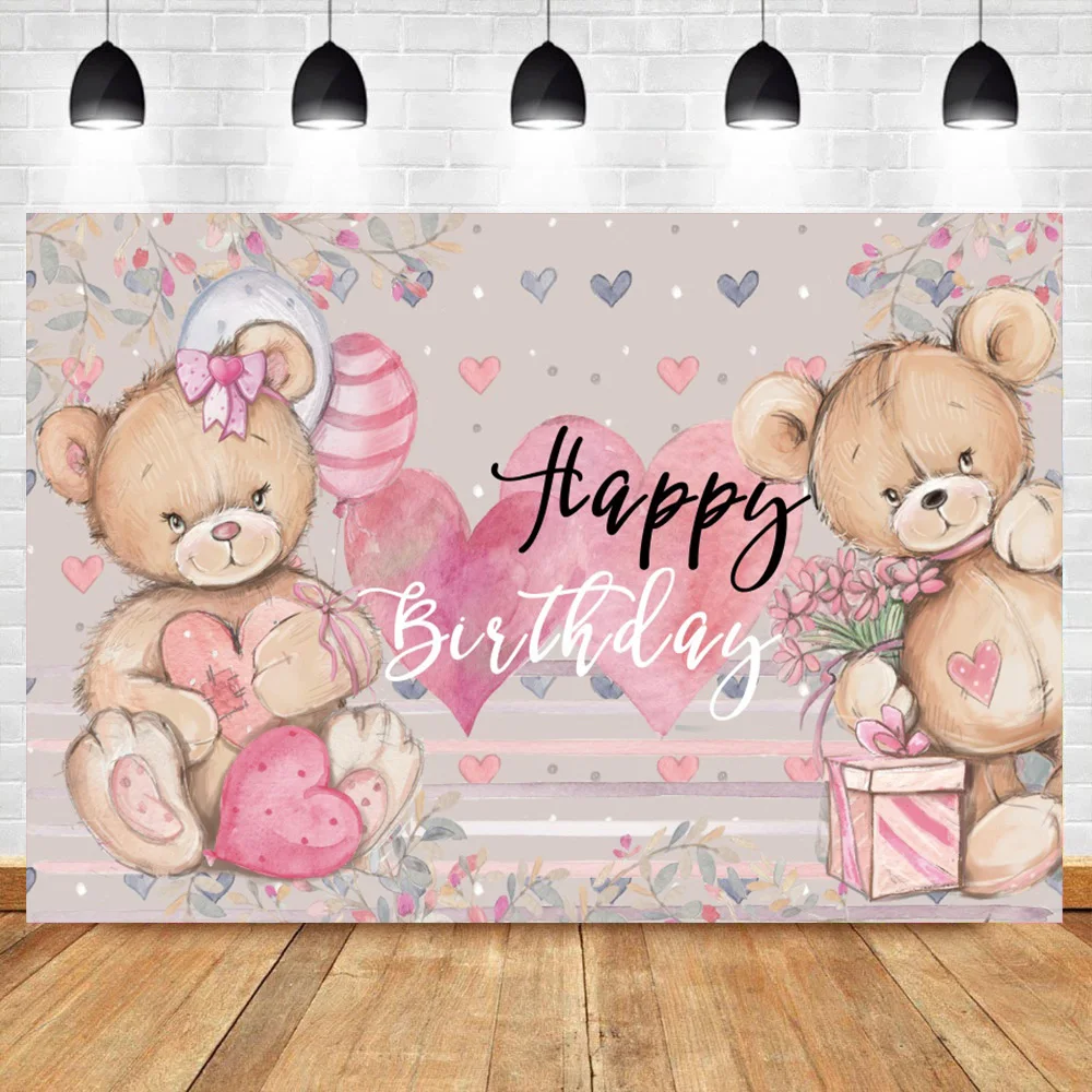 Sweet Teddy Bear Love Heart Birthday Party Backdrop For Photography Gender Revael Baby Shower Customized Photo Background